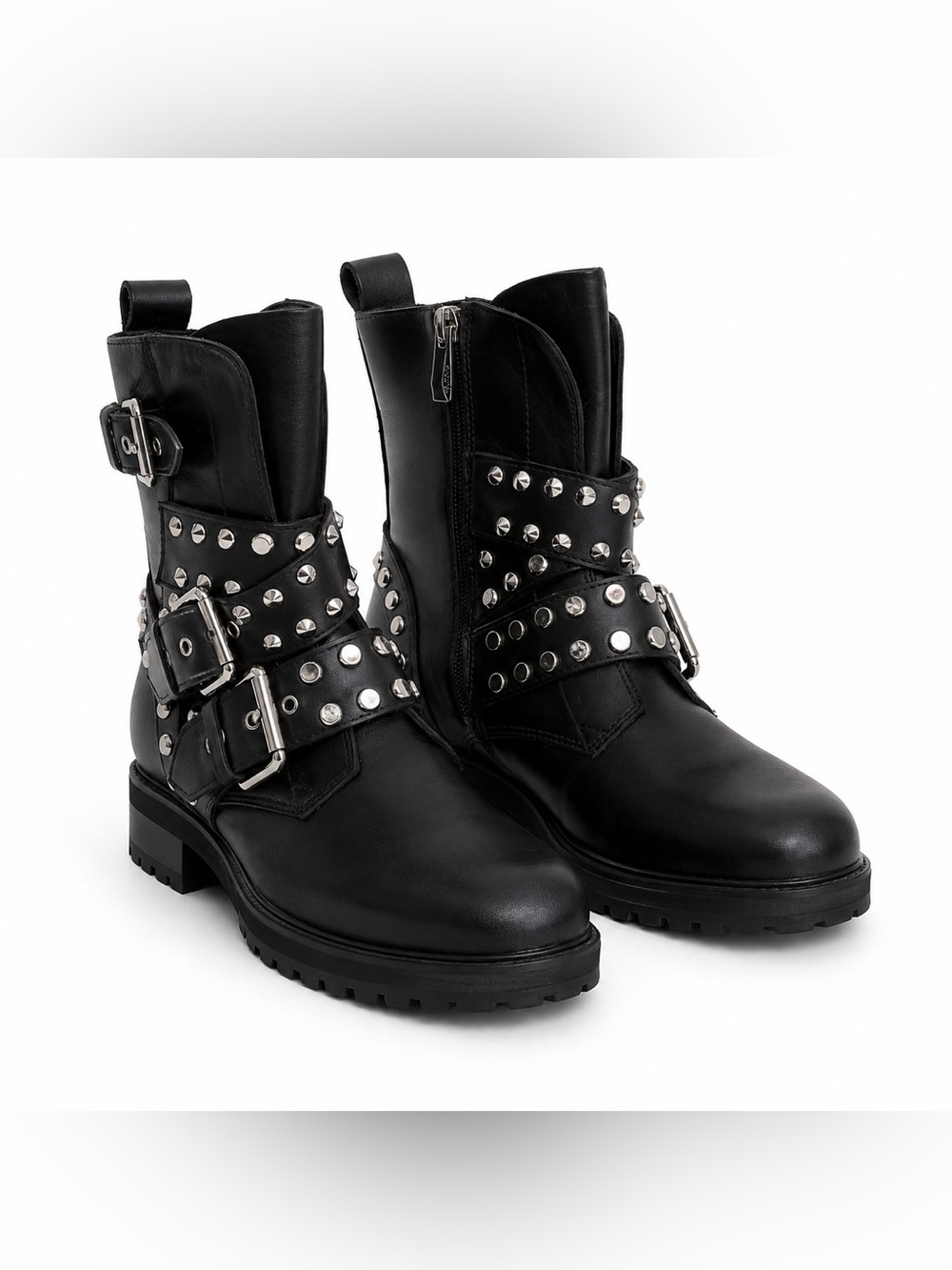 Zara TRF Studded Biker Ankle Boots Moto Punk Rock Buckle Harness EU39